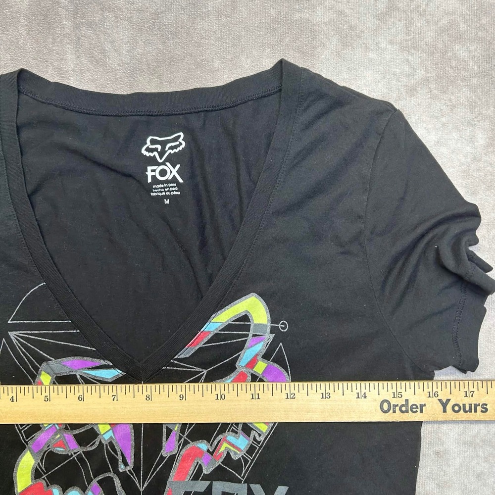 Fox Racing Womens Sz M Black V-Neck Graphic T-Shirt Logo Print y2k - Picture 4 of 7